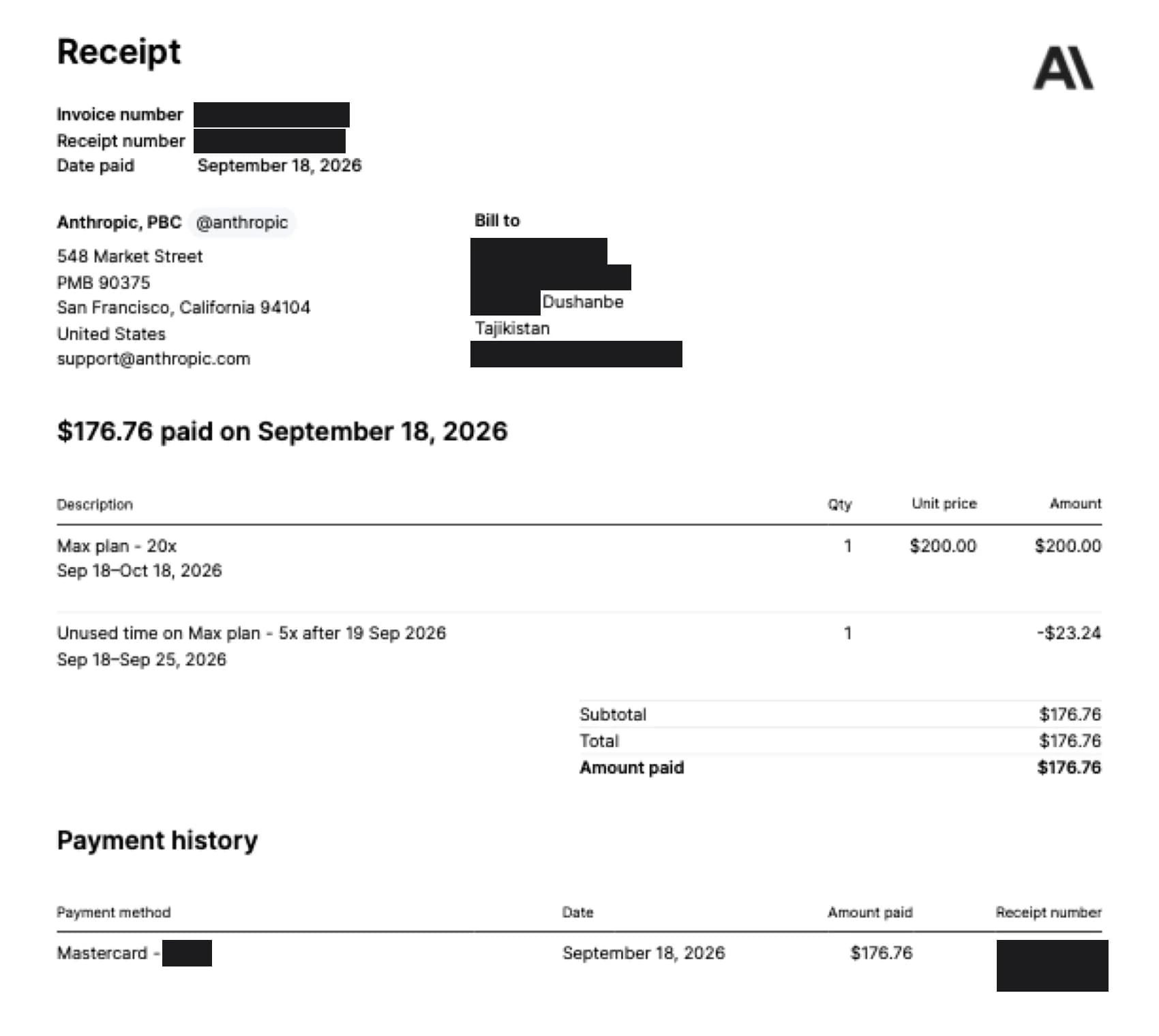 Чек Anthropic за тариф Claude Max 20x от 18 сентября 2026 года: оплата картой Mastercard, платёжный адрес в Таджикистане