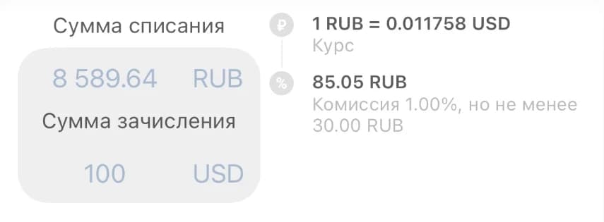 Пополнение карты Таджикистана из России 21 сентября 2026 года: списано 8 589,64 рубля, зачислено 100 долларов, курс и комиссия